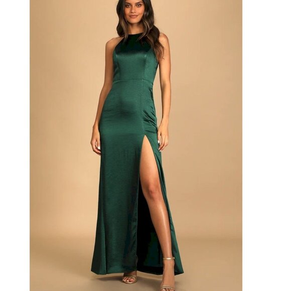 Make it Elegant Emerald Green Satin Strappy Maxi Dress Size Large - Picture 1 of 11